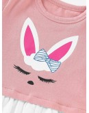 Baby Cartoon Print Contrast Hem Eyelet Embroidered Dress