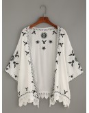 Scalloped Crochet Trimmed Embroidered Kimono