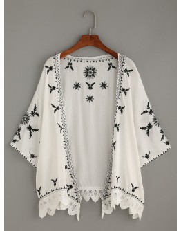 Scalloped Crochet Trimmed Embroidered Kimono