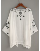 Scalloped Crochet Trimmed Embroidered Kimono