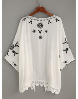 Scalloped Crochet Trimmed Embroidered Kimono