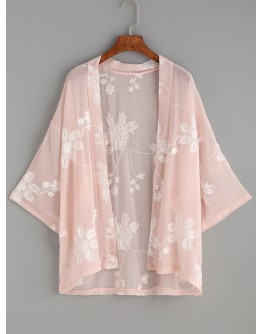 Flower Embroidered Semi-Sheer Kimono