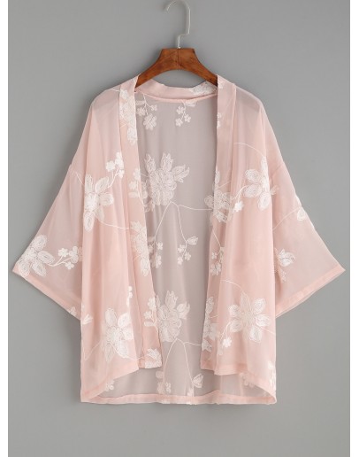 Flower Embroidered Semi-Sheer Kimono