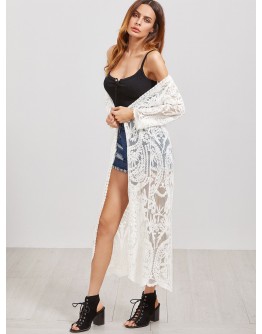 Embroidered Mesh Longline Kimono