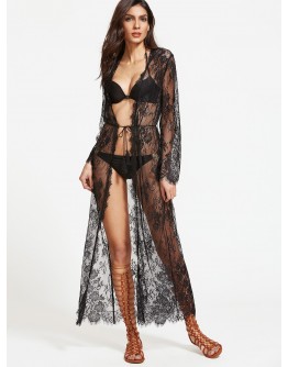 Sheer Drawstring Lace Kimono