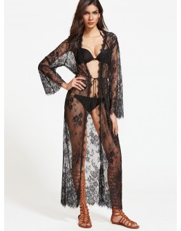 Sheer Drawstring Lace Kimono