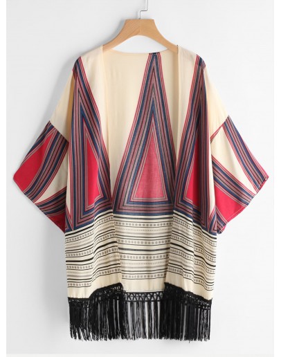 Geometric Print Fringe Hem Kimono