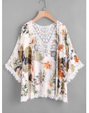 Tropical Print Contrast Hollow Out Crochet Trim Kimono