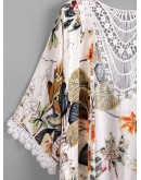 Tropical Print Contrast Hollow Out Crochet Trim Kimono