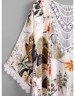 Tropical Print Contrast Hollow Out Crochet Trim Kimono