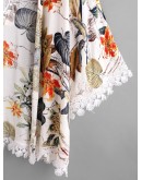 Tropical Print Contrast Hollow Out Crochet Trim Kimono