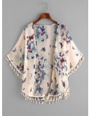 Butterfly Print Fringe Trim Top