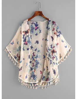 Butterfly Print Fringe Trim Top