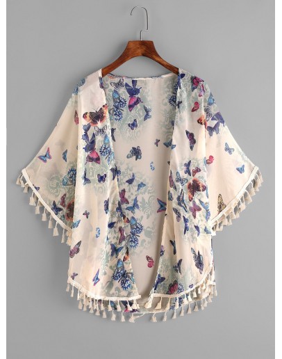 Butterfly Print Fringe Trim Top