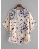 Butterfly Print Fringe Trim Top