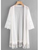 Embroidered Mesh Panel Fringe Hem Kimono