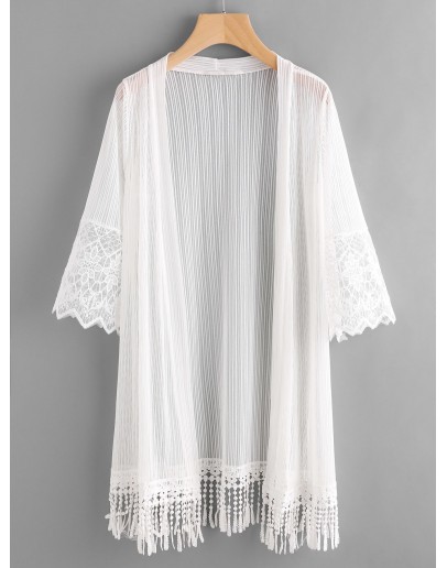 Embroidered Mesh Panel Fringe Hem Kimono