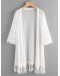 Embroidered Mesh Panel Fringe Hem Kimono