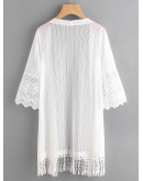 Embroidered Mesh Panel Fringe Hem Kimono