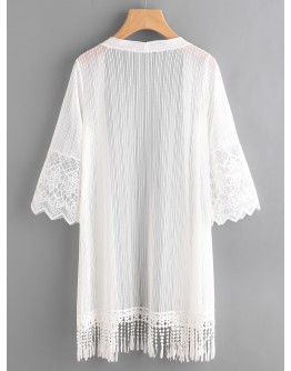 Embroidered Mesh Panel Fringe Hem Kimono