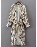 Floral Print Longline Kimono With Self Tie