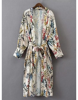 Floral Print Longline Kimono With Self Tie