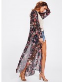 Random Florals Slit Side Drawstring Kimono