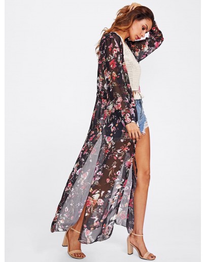 Random Florals Slit Side Drawstring Kimono