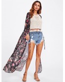 Random Florals Slit Side Drawstring Kimono