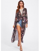 Random Florals Slit Side Drawstring Kimono