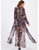 Random Florals Slit Side Drawstring Kimono