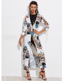 Botanical Print Contrast Trim Longline Kimono