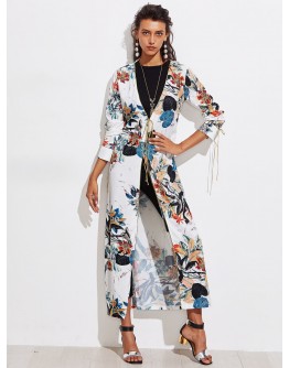 Botanical Print Contrast Trim Longline Kimono