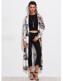 Botanical Print Contrast Trim Longline Kimono