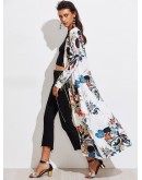 Botanical Print Contrast Trim Longline Kimono