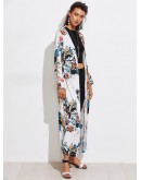 Botanical Print Contrast Trim Longline Kimono