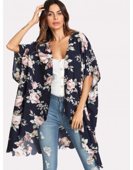 Flower Print Scallop Trim Kimono