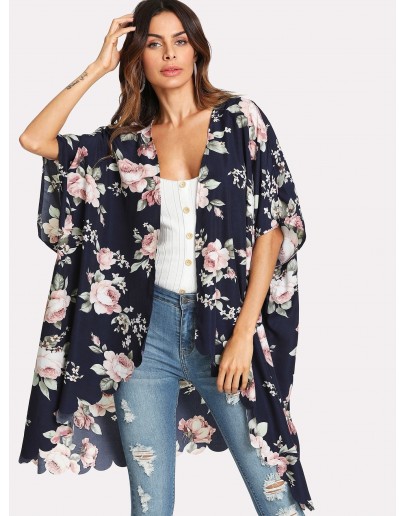 Flower Print Scallop Trim Kimono