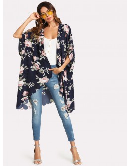 Flower Print Scallop Trim Kimono