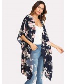 Flower Print Scallop Trim Kimono