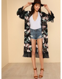 Crane Bird Print Fringe Trim Kimono