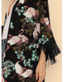 Crane Bird Print Fringe Trim Kimono