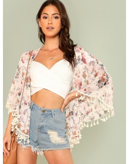 Flower Print Tassel Hem Kimono