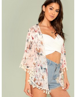 Flower Print Tassel Hem Kimono