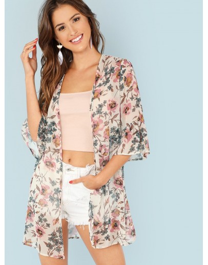 Flounce Sleeve Floral Kimono