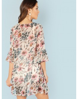 Flounce Sleeve Floral Kimono