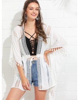 Lace Insert Tassel Trim Drawstring Waist Kimono