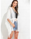 Lace Insert Tassel Trim Drawstring Waist Kimono