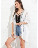 Lace Insert Tassel Trim Drawstring Waist Kimono