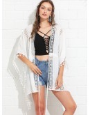 Lace Insert Tassel Trim Drawstring Waist Kimono